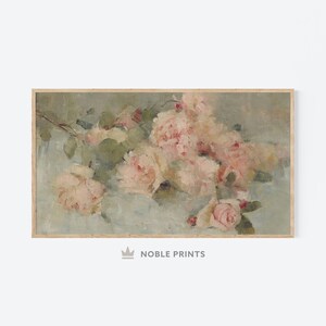 Samsung Frame TV Art, Pink Roses Oil Painting, Vintage Farmhouse Painting, Digital Download