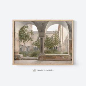 May include: A watercolor painting of a courtyard with arches and columns. The courtyard is surrounded by buildings with windows and doors. There are trees and plants growing in the courtyard.