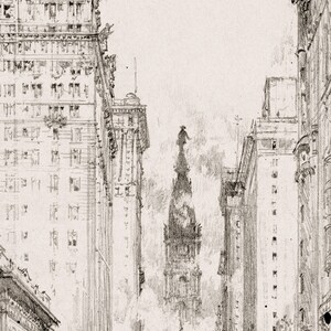 May include: A black and white pencil drawing of a tall building with a spire, seen from a street level perspective. The building is surrounded by other buildings, creating a sense of urban density.