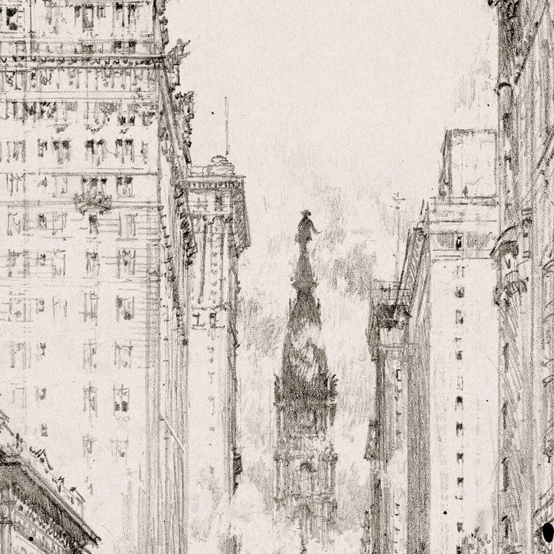 May include: A black and white pencil drawing of a tall building with a spire, seen from a street level perspective. The building is surrounded by other buildings, creating a sense of urban density.