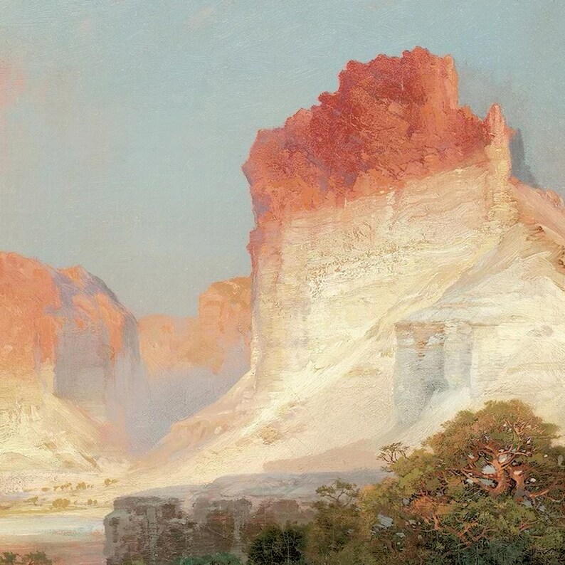 Puede incluir: Una pintura de un ca&ntilde;&oacute;n con altos acantilados de roca roja. El cielo es de un azul p&aacute;lido y el sol se est&aacute; poniendo, proyectando un c&aacute;lido resplandor sobre el paisaje.