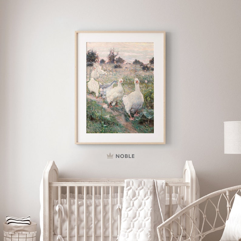 May include: A painting of a group of white geese walking through a field of green grass. The geese are in a line, with the leader at the front and the others following behind. The background is a soft, pastel blue sky with a few clouds.