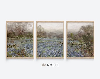 Field of Bluebonnets Set of 3 Prints, Printable, Meadow Painting, Wildflower Print, Vintage Landscape Prints, Digital Download