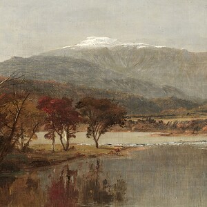 May include: A painting of a mountain range with a snow-capped peak in the background. A river flows in the foreground, with trees lining the banks. The trees are a mix of green and brown, with some red leaves. The sky is a light blue, and the water is a dark blue.