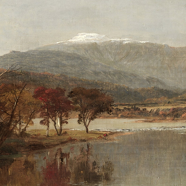 May include: A painting of a mountain range with a snow-capped peak in the background. A river flows in the foreground, with trees lining the banks. The trees are a mix of green and brown, with some red leaves. The sky is a light blue, and the water is a dark blue.