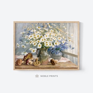 Vintage Daisy Still Life Painting, Printable Wall Art, Daisy Flower Wall Art, Spring Flowers, Digital Download