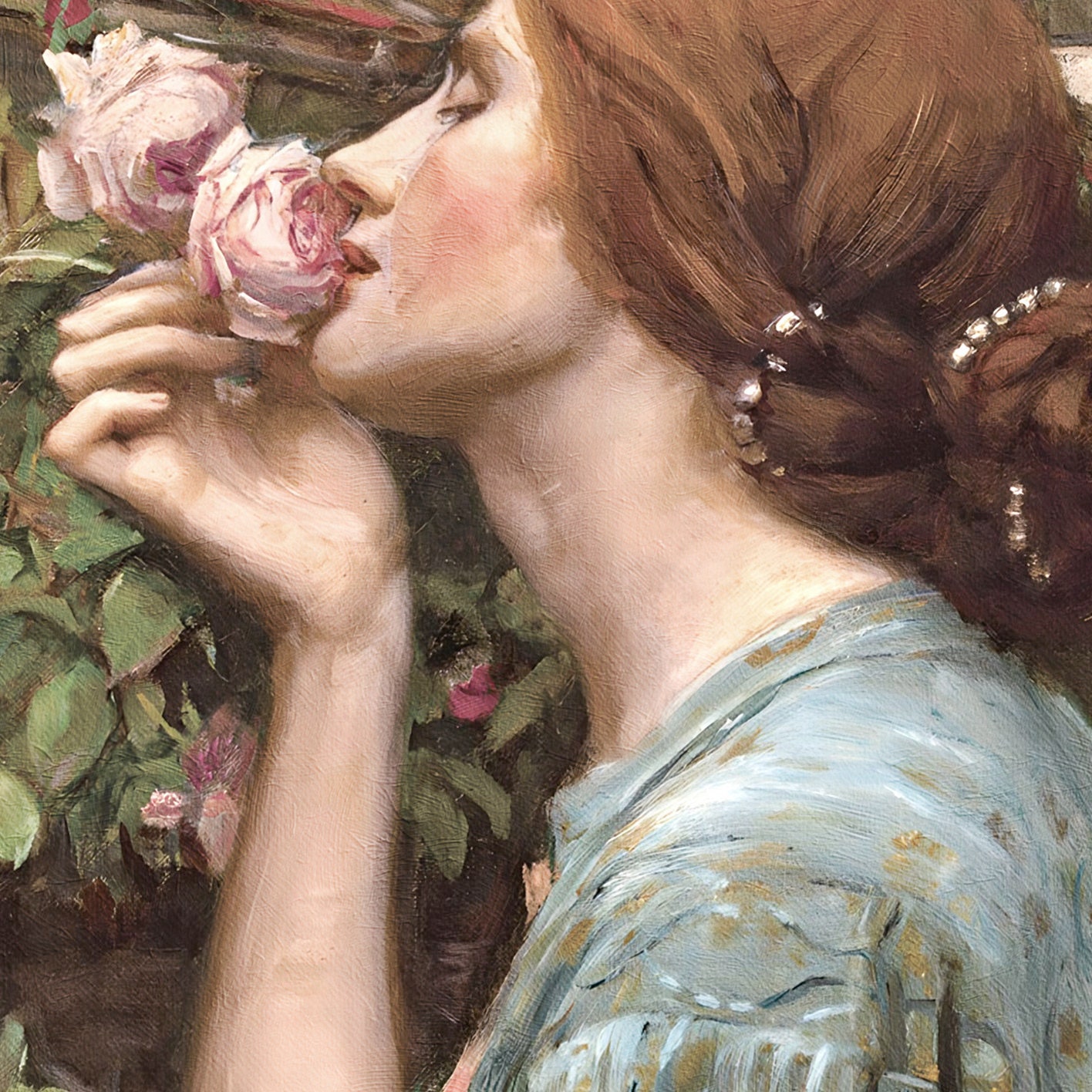 バラの香りを嗅ぐ女性の絵画、印刷可能、アンティークな女性の絵画