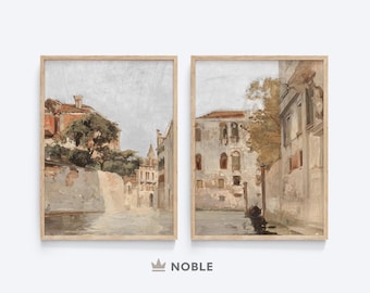 Venice Canal Painting, Printable, Set of 2 Prints, Vintage Neutral Italy Wall Art, Digital Download