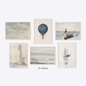Vintage Seacoast Nursery Wall Art, Set of 5, Pastel Blue Nursery Prints, Nautical Kids Prints, Gallery Boys Room, Digital Download