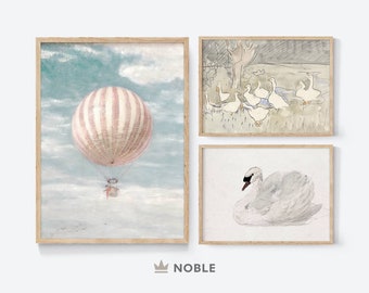 Vintage Nursery Prints, Set of 3 Prints, Girls Room Soft Pastel Tones, Neutral Kids Room Wall Art Printable, DIGITAL DOWNLOAD