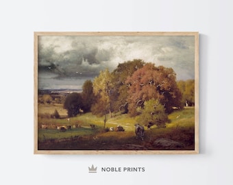 May include: A painting of a rural landscape with a group of cows grazing in a field. The sky is cloudy and there are trees in the background. The painting is framed in a wooden frame.