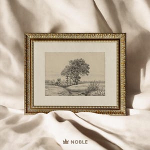 May include: A black and white pencil drawing of a landscape with trees, framed in a gold ornate frame.