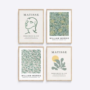 May include: Four framed art prints with a green and white color scheme. The top left print features a line drawing of a face by Matisse with the text "MATISSE" and "BERGGRUEN & CIE" below. The top right print features a floral pattern by William Morris with the text "WILLIAM MORRIS" and "MORRIS & CO/ JASMINE/ 1872" below. The bottom left print features a leafy pattern by William Morris with the text "WILLIAM MORRIS" and "MORRIS & CO/ WILLOW BOUGHS/ 1887" below. The bottom right print features a stylized leaf design by Matisse with the text "MATISSE" and "BERGGRUEN & CIE" below.