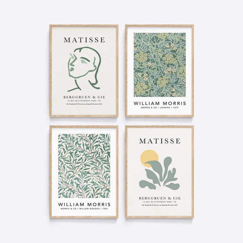 May include: Four framed art prints with a green and white color scheme. The top left print features a line drawing of a face by Matisse with the text "MATISSE" and "BERGGRUEN & CIE" below. The top right print features a floral pattern by William Morris with the text "WILLIAM MORRIS" and "MORRIS & CO/ JASMINE/ 1872" below. The bottom left print features a leafy pattern by William Morris with the text "WILLIAM MORRIS" and "MORRIS & CO/ WILLOW BOUGHS/ 1887" below. The bottom right print features a stylized leaf design by Matisse with the text "MATISSE" and "BERGGRUEN & CIE" below.