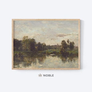 River Landscape Print, Printable, Vintage Landscape Painting, Landscape Art, Water Landscape, Trees and Clouds, Digital Download LS5