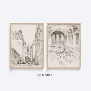 May include: Two black and white drawings in wooden frames. The first drawing shows a street scene in New York City with tall buildings and a view down the street. The second drawing shows the interior of a grand train station with a vaulted ceiling and many people.