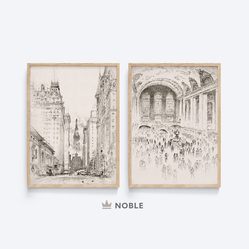 May include: Two black and white drawings in wooden frames. The first drawing shows a street scene in New York City with tall buildings and a view down the street. The second drawing shows the interior of a grand train station with a vaulted ceiling and many people.