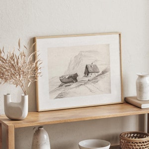 Vintage Beach House Drawing, Printable, Sailboat, Boat Wall Art, Neutral Wall Art, Beach House Wall Art, Beach Gift, Digital Download DC29