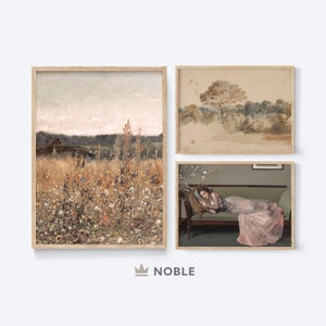 Peut inclure: Trois impressions d'art encadr&eacute;es, chacune repr&eacute;sentant une sc&egrave;ne diff&eacute;rente. La premi&egrave;re impression montre un champ de fleurs sauvages dans des tons de brun, de vert et de blanc. La deuxi&egrave;me impression montre un paysage avec un seul arbre au centre. La troisi&egrave;me impression montre une femme allong&eacute;e sur un canap&eacute; dans une robe rose.