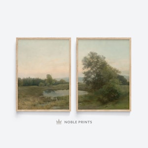 Vintage Landscape Paintings, Set of 2, Summer Oil Painting, Pond Decor, Country Meadow Wall Art, Digital Printable Download