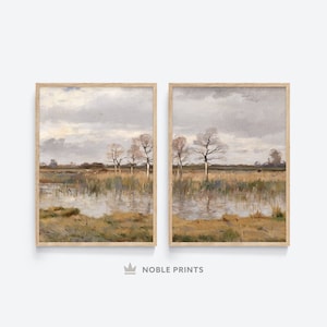 Vintage Autumn Landscape Painting, Set of 2 Prints, Printable, Fall Decor, Neutral Wall Art, Digital Download
