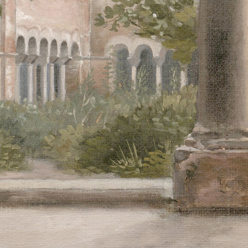 May include: A painting depicting a courtyard with a stone wall and a row of arches. The courtyard is overgrown with green plants and trees. The painting is done in a realistic style with muted colors.