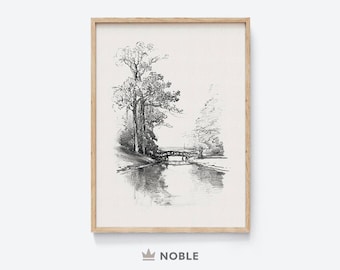 Vintage Landscape Sketch, Vintage Etching, Antique Trees Sketch, Digital Download, Printable, Neutral Wall Art, Nature Art Print, DR47