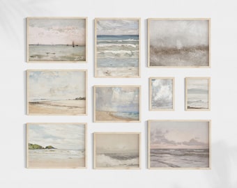Vintage gedempte zeegezicht galerijmuurset, afdrukbare zeekust neutrale galerijmuur, kustgalerij Art Print set van 10, digitale download
