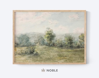 May include: A watercolor painting of a landscape with a light blue sky, white clouds, and green trees. The trees are in the foreground and the sky is in the background. The painting is framed in a light wood frame.