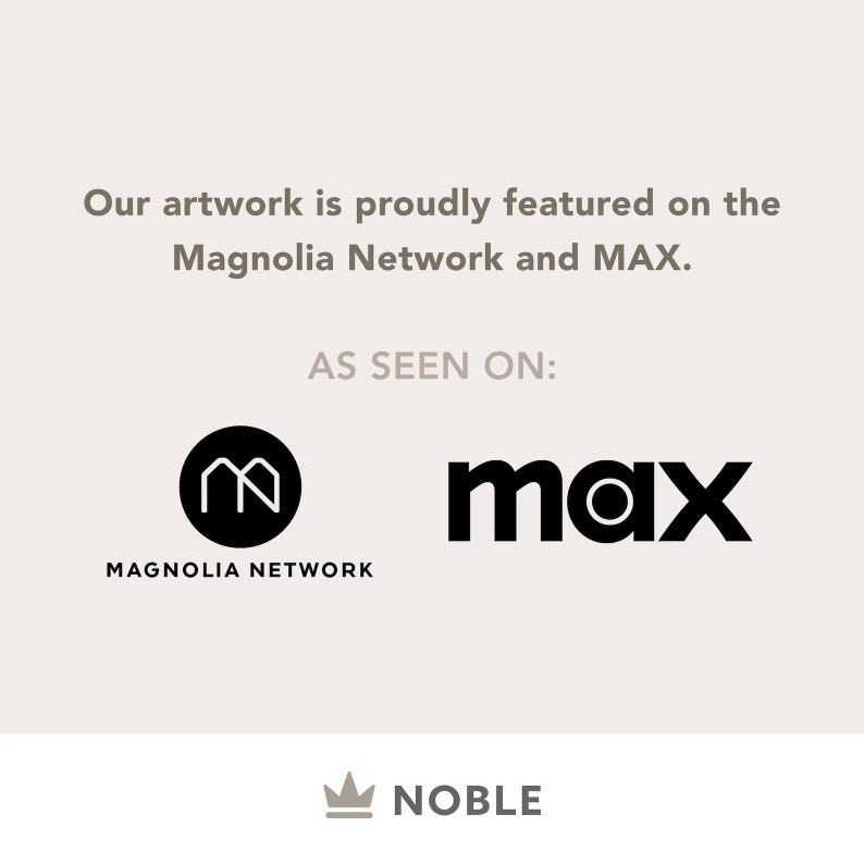 May include: Our artwork is proudly featured on the Magnolia Network and MAX. AS SEEN ON: Magnolia Network logo, a stylized "M" in a circle, and the MAX logo, a stylized "max" with a circle in the "o".