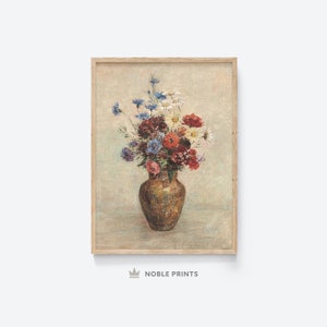 Vintage Flowers in Vase Oil Painting, Printable, Botanical, Digital Download