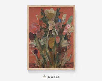 Abstraktes Blumenstrauß-Ölgemälde, antike viktorianische botanische Wandkunst zum Ausdrucken, Grandmillennial Aesthetic, herunterladbare Kunst