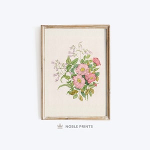K&ouml;nnte beinhalten: Eine gerahmte botanische Illustration von rosa und wei&szlig;en Bl&uuml;ten mit gr&uuml;nen Bl&auml;ttern. Die Bl&uuml;ten sind zu einem Strau&szlig; angeordnet und der Hintergrund ist hellcremefarben.