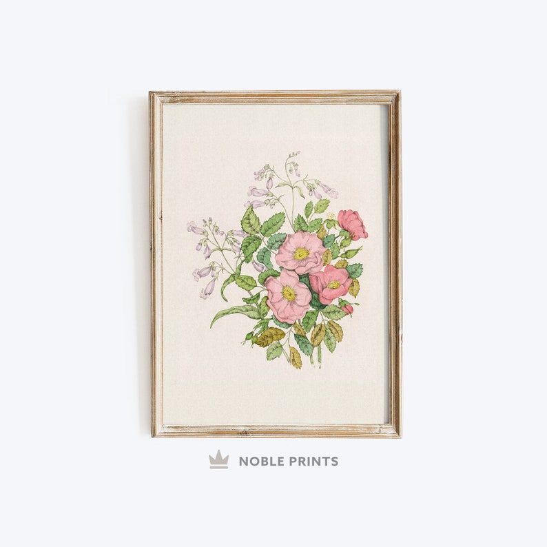 K&ouml;nnte beinhalten: Eine gerahmte botanische Illustration von rosa und wei&szlig;en Bl&uuml;ten mit gr&uuml;nen Bl&auml;ttern. Die Bl&uuml;ten sind zu einem Strau&szlig; angeordnet und der Hintergrund ist hellcremefarben.