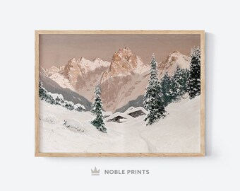 Stampa invernale in cabina, stampabile, paesaggio invernale, fattoria invernale, decorazioni natalizie, stampa natalizia, decorazione artistica da parete con neve, download istantaneo