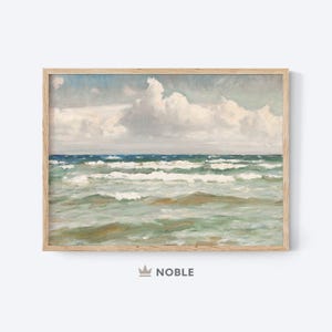 Puede incluir: Una pintura de un paisaje marítimo con un cielo azul claro y nubes blancas. El océano es de color azul verdoso claro con olas blancas.
