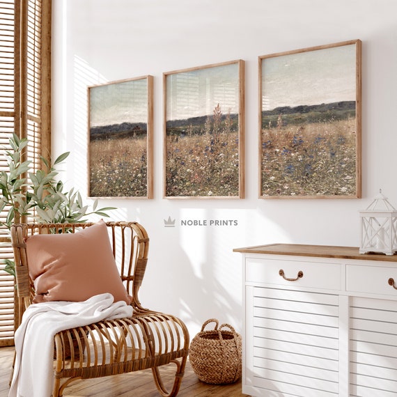 Set of 3 Wildflower Field Prints, Country 3 Pieces, Rustic Country Landscape, Landscape Oil Painting, Set of 3, Farmhouse Decor, Printable