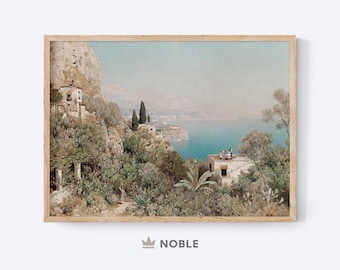 Italië landschapskunst aan de muur, afdrukbaar, print van de Amalfikust, mediterrane landschapskunst aan de muur, vintage schilderij van de Amalfikust, digitale download
