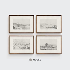 Neutrale landschapsschets etsen, rustieke antieke galerij muurprint set van 4, neutrale kunst, digitaal AFDRUKBAAR, landschapskunstwerk, DR10