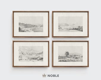 Neutral Landscape Sketch Etching Prints, Rustic Antique Gallery Wall Print Set of 4, Neutral Art, Digital PRINTABLE, Landscape Artwork, DR10