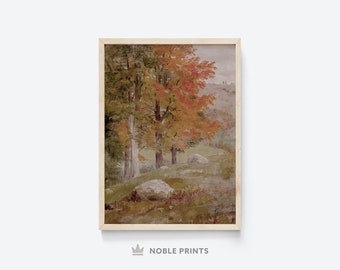 Puede incluir: Una pintura que representa una escena de bosque con árboles en tonos de verde, marrón y naranja. Los árboles están en primer plano y el fondo es un azul brumoso.