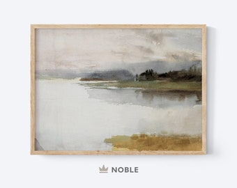 ヴィンテージ湖の風景画、印刷可能なアート、落ち着いたアンティーク水彩画、ヴィンテージアート、デジタルダウンロード