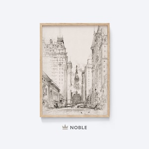 Boceto de ciudad vintage, impresión de arquitectura antigua, póster de boceto de ciudad, arte mural neutro, dibujo en blanco y negro, IMPRIMIBLE