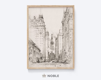 May include: A black and white line drawing of a city street with tall buildings on either side. The buildings are drawn in a realistic style, with details such as windows and doors. The street is empty, except for a few people walking in the distance. The drawing is framed in a light wood frame.