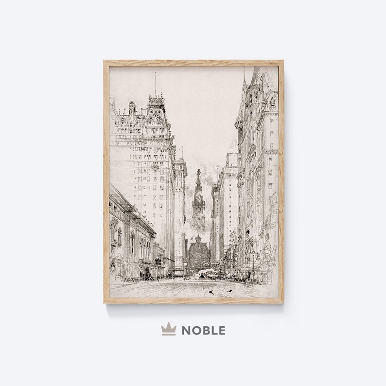 May include: A black and white line drawing of a city street with tall buildings on either side. The buildings are drawn in a realistic style, with details such as windows and doors. The street is empty, except for a few people walking in the distance. The drawing is framed in a light wood frame.