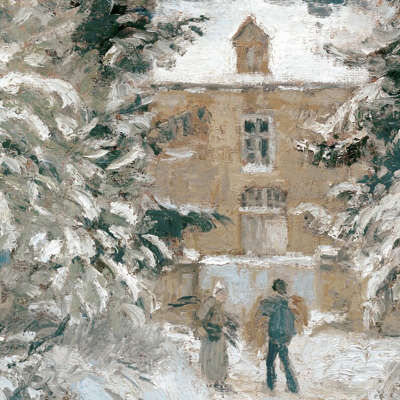 May include: An oil painting depicts a snow-covered scene with a beige building and two figures walking on a snowy path. The building has a snow-covered roof and a single window. Trees frame the scene, adding depth to the winter landscape.