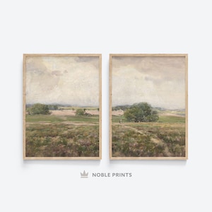 Vintage Landscape Painting Set of 2 Prints, Printable, Modern Rustic Prints, Neutral Tones Living Room Printed Wall Art, Digital Download