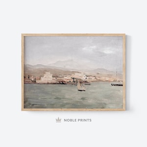 Coastal Mediterranean Painting, Printable, Vintage Muted Greek Wall Art, Digital Download
