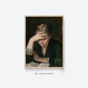 May include: A painting of a woman with blonde hair, wearing a dark dress, sitting at a table and reading a book. Her hand is resting on her forehead, and she appears to be deep in thought.