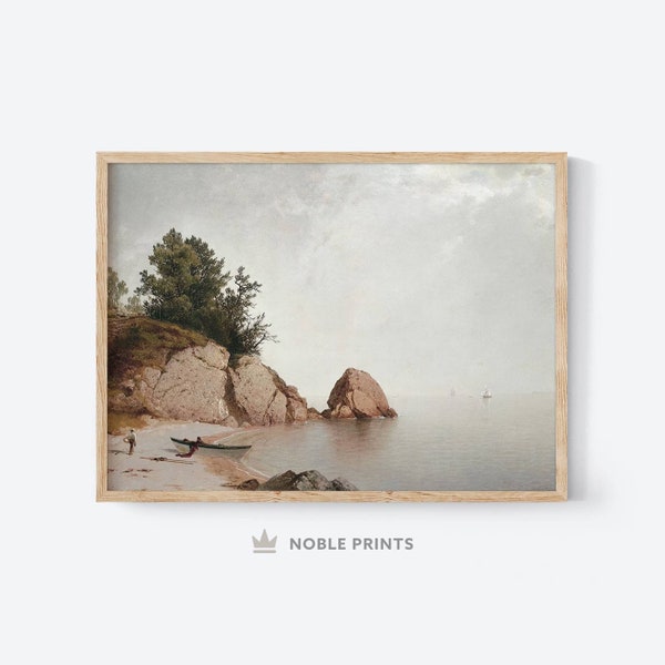 Coastal Vintage Painting, Printable, Intense Calm Seashore Painting, Coastal Landscape Painting, Rocks Water Sky Print, Digital Download